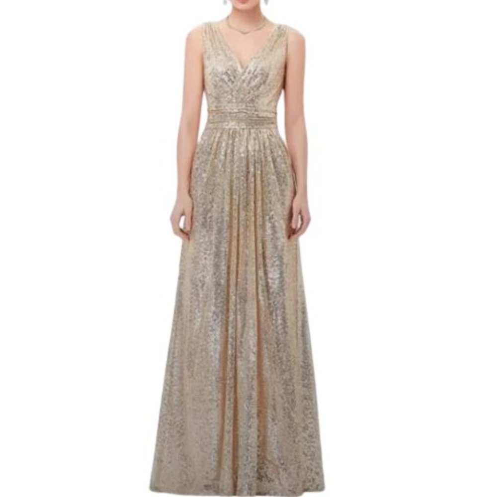 Kate Kasin Gold Pleated Gold Sequin Maxi Dress